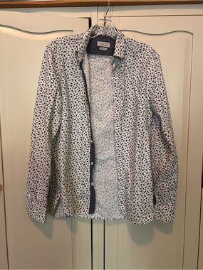 Zara White Button-Up Dress Shirt with Navy Floral Print